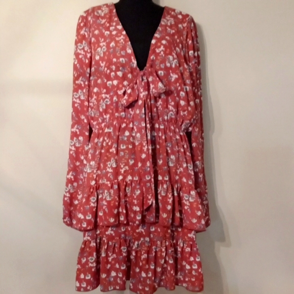 NWT Revamped Copper V Neck with Tie Front Tiered Ruffel Dress XL - Picture 2 of 4